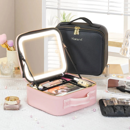 White Makeup Train Case with Mirror - Waterproof Organizer with Dividers