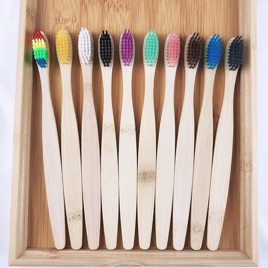 10-Piece Colorful Bamboo Toothbrush Set - Soft Charcoal Bristles