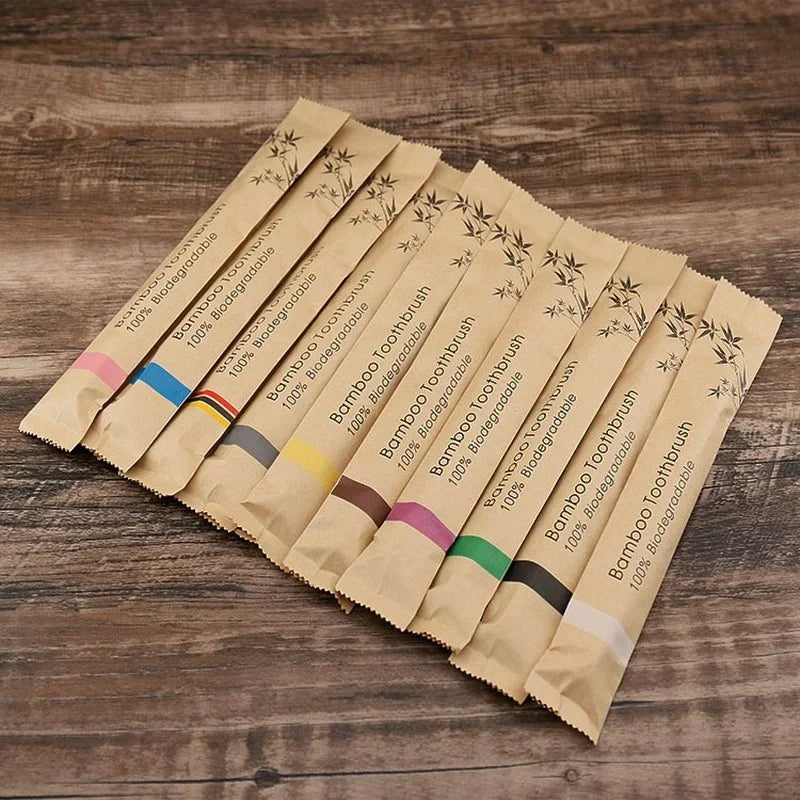 10-Piece Colorful Bamboo Toothbrush Set - Soft Charcoal Bristles