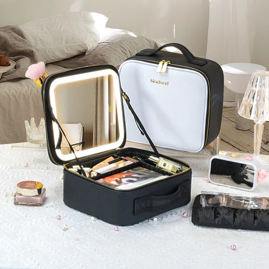 White Makeup Train Case with Mirror - Waterproof Organizer with Dividers