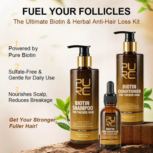 PURC Biotin Hair Care Set - Shampoo Conditioner and Growth Oil