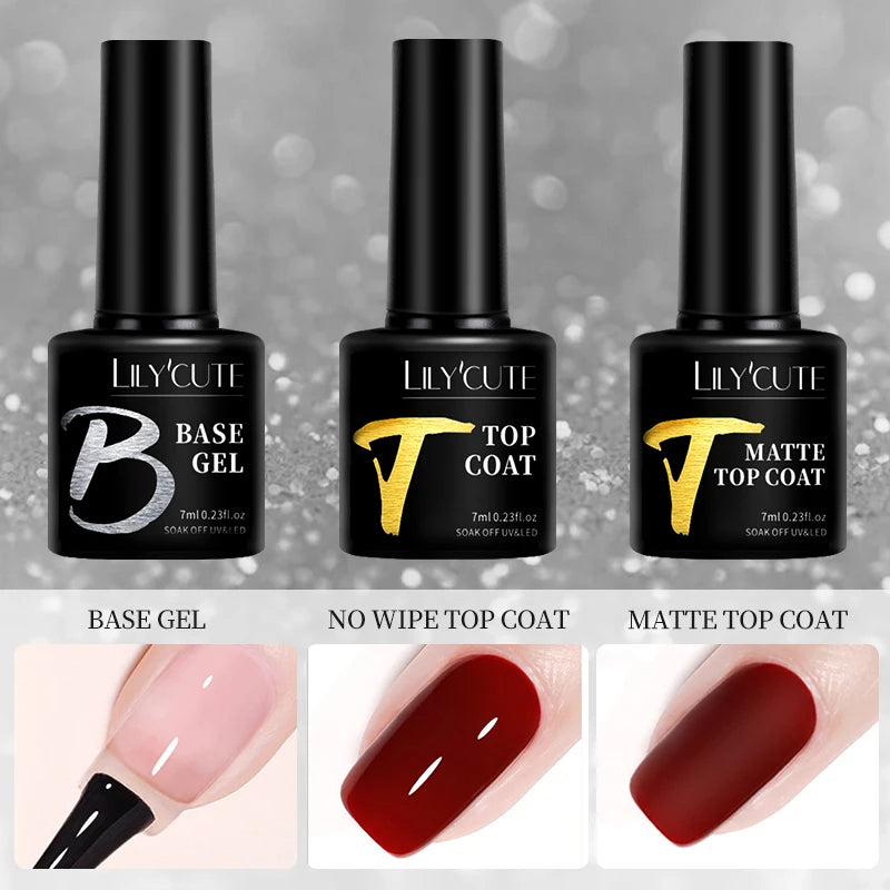 LILYCUTE 7ml Base and No-Wipe Top Coat Gel Polish