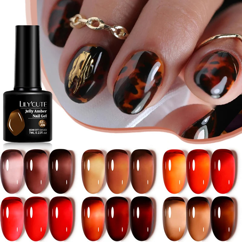 LILYCUTE 7ml Jelly Amber Gel Polish - Dark Bloom Leopard Nail Art