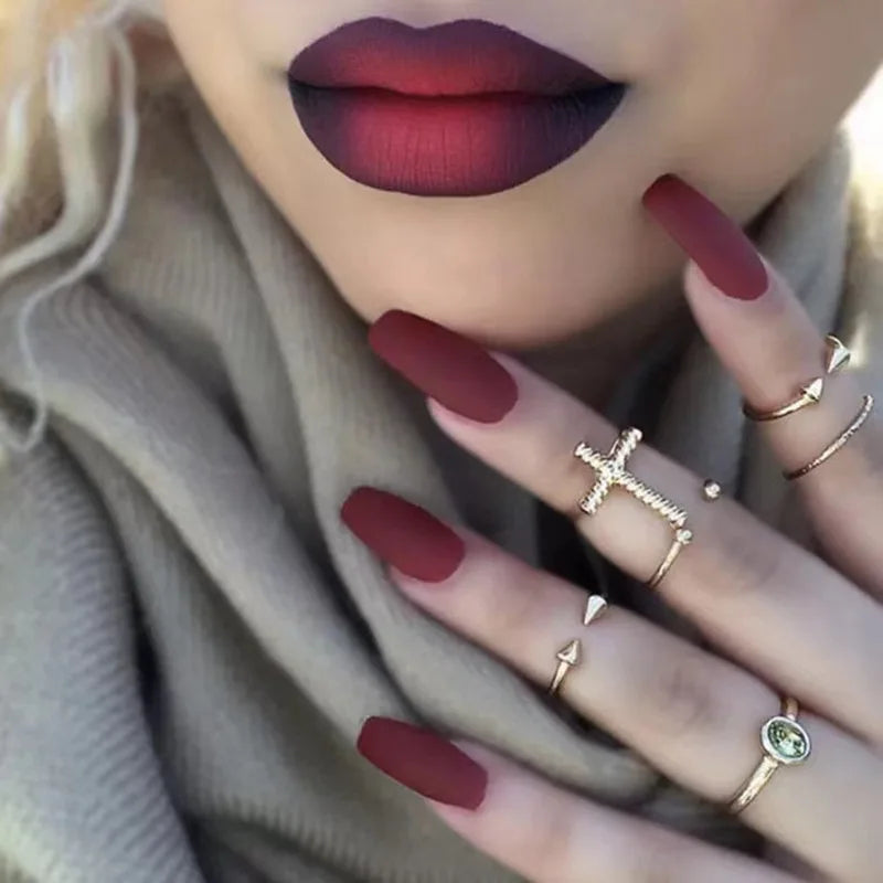 24-Piece Short Press-On Fake Nail Set - Matte Red Nude Brown