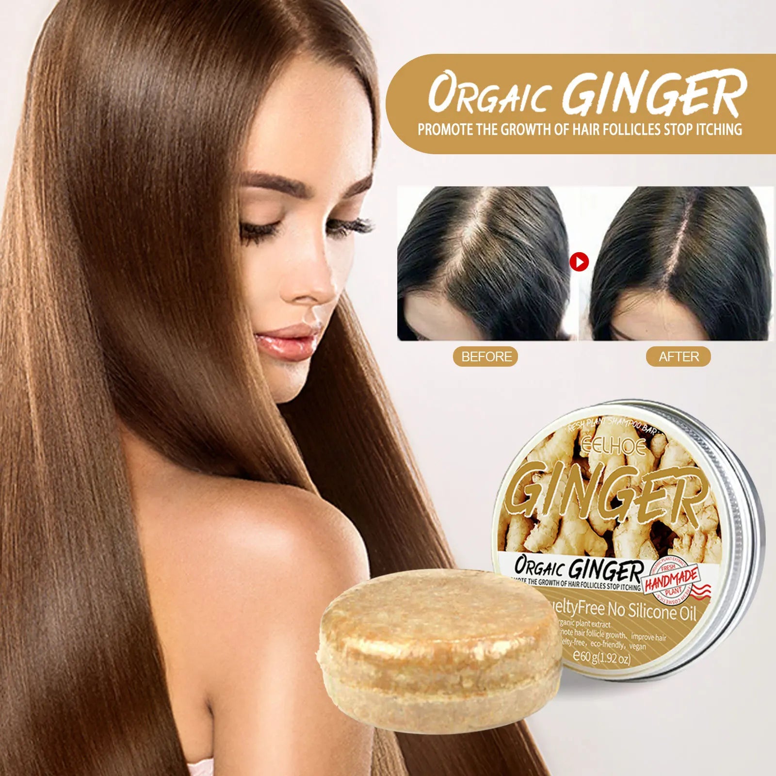 60g Natural Ginger Shampoo Soap - Scalp Cleansing Hair Bar