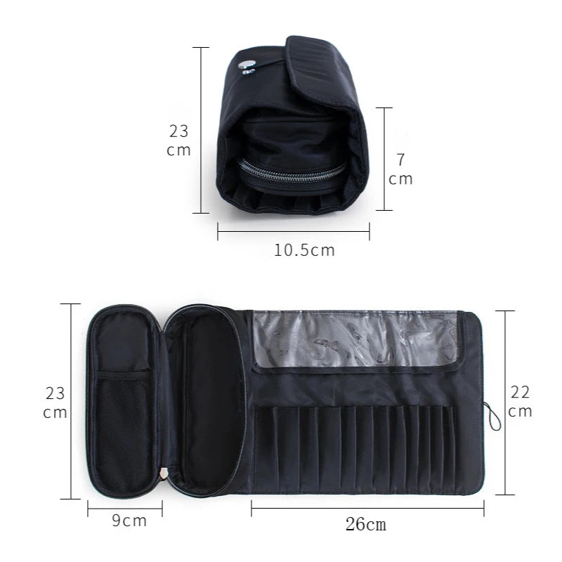 Waterproof Roll-Up Makeup Brush Bag - Travel Cosmetic Tool Organizer