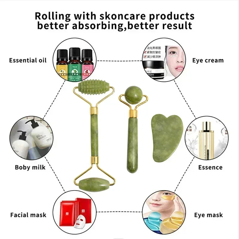 Natural Jade Roller and Gua Sha Set - Face Neck Body Massager