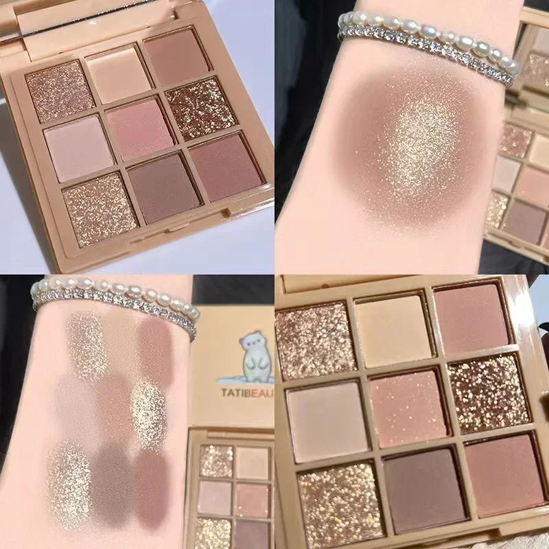 9-Color Glitter Eyeshadow Palette - Smokey Cool-Tone Makeup