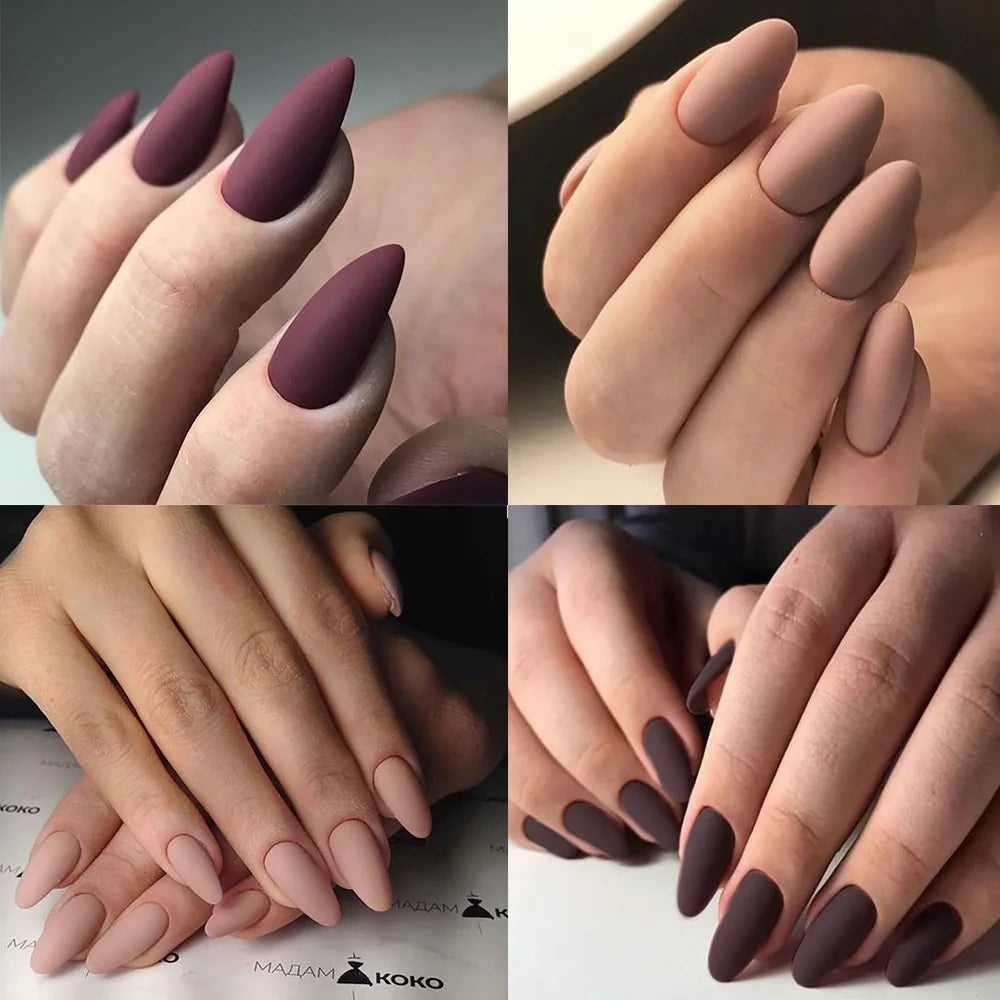 24-Piece Short Press-On Fake Nail Set - Matte Red Nude Brown