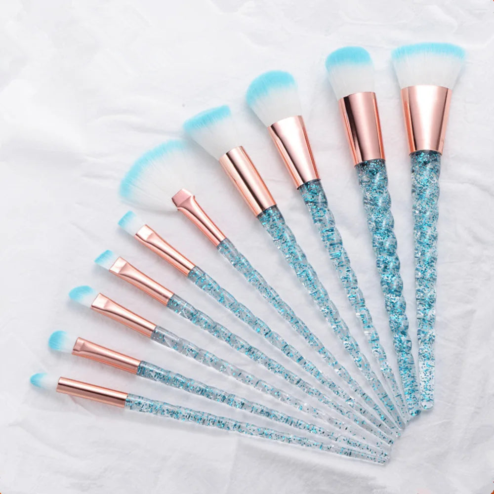 10-Piece Unicorn Glitter Makeup Brush Set - Foundation and Eye Tools