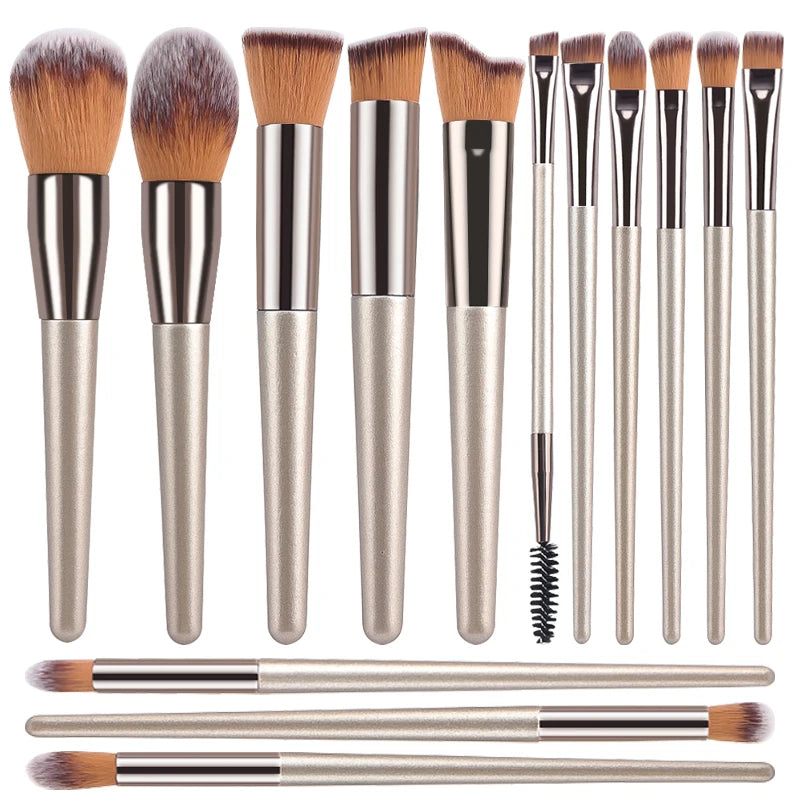 Champagne 14-Piece Makeup Brush Set - Kabuki Blending Beauty Tools