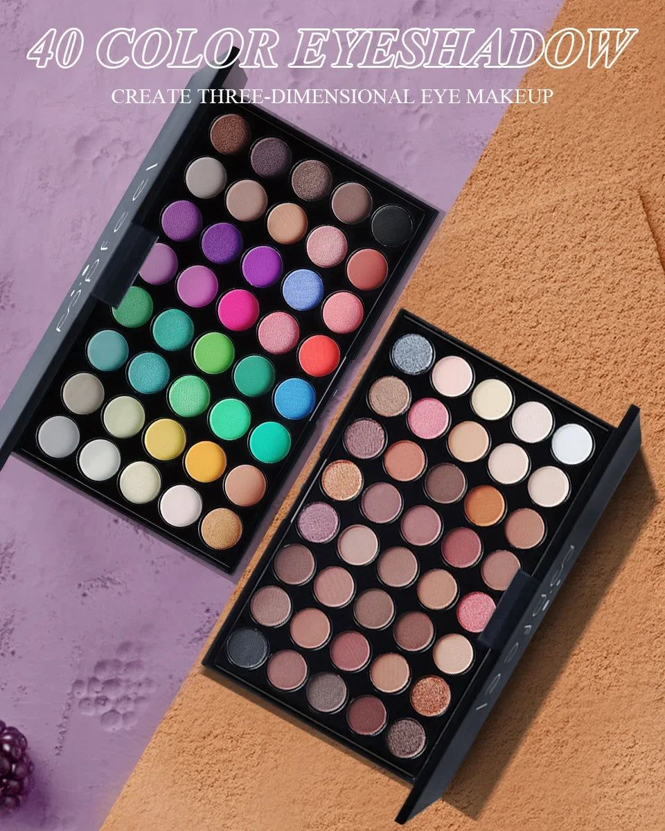 40-Color Matte Glitter Eyeshadow Palette - Nude Shimmer Makeup Set
