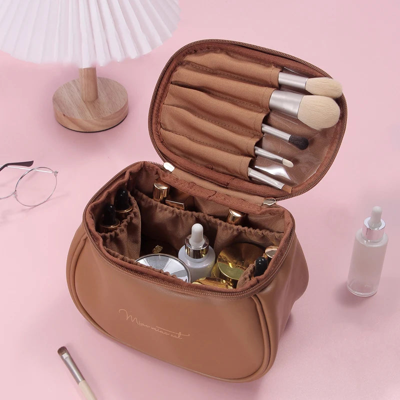 PU Leather Travel Makeup Case - Multi-Functional Toiletry Storage Bag