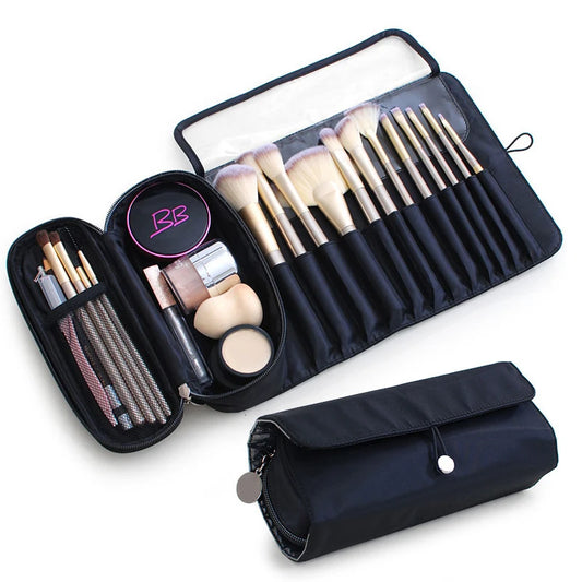 Waterproof Roll-Up Makeup Brush Bag - Travel Cosmetic Tool Organizer