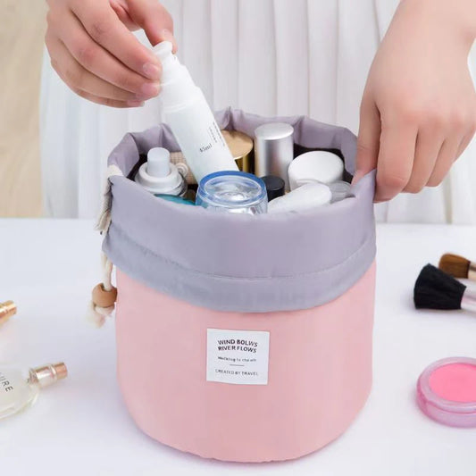 Round Waterproof Travel Makeup Bag - High Capacity Toiletry Organizer