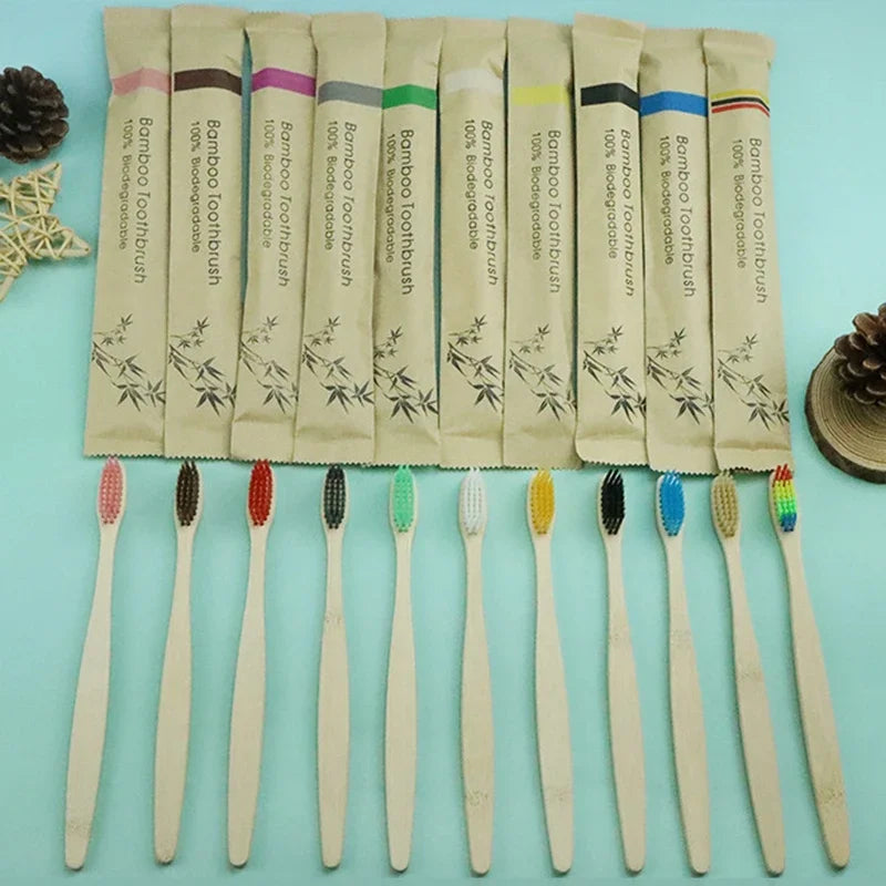 10-Piece Colorful Bamboo Toothbrush Set - Soft Charcoal Bristles