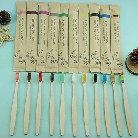 10-Piece Colorful Bamboo Toothbrush Set - Soft Charcoal Bristles