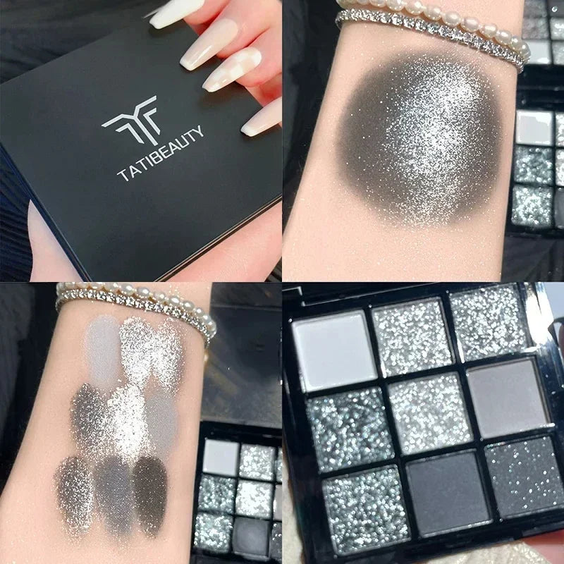 9-Color Glitter Eyeshadow Palette - Smokey Cool-Tone Makeup