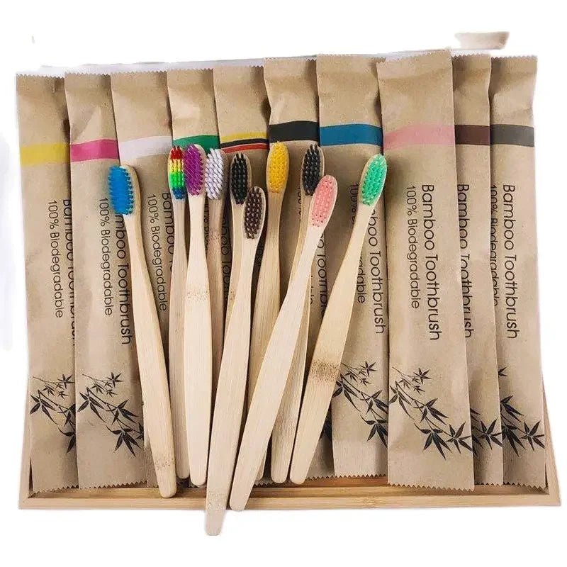 10-Piece Colorful Bamboo Toothbrush Set - Soft Charcoal Bristles