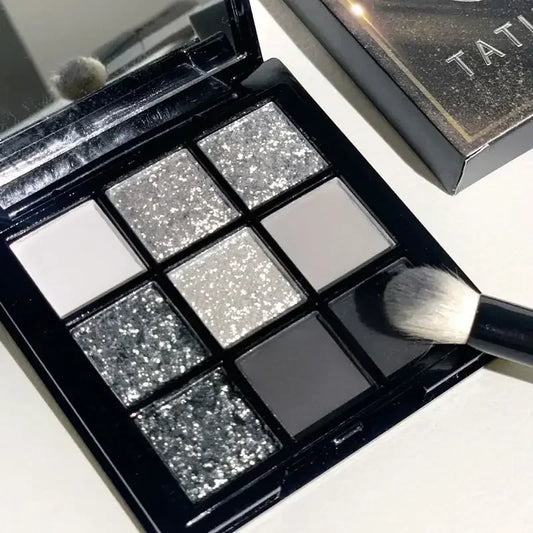 9-Color Glitter Eyeshadow Palette - Smokey Cool-Tone Makeup