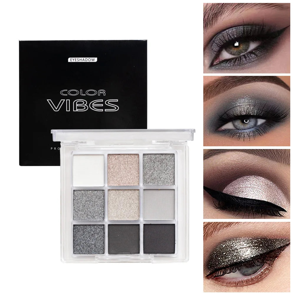 9-Color Glitter Eyeshadow Palette - Smokey Cool-Tone Makeup